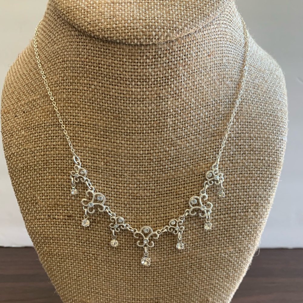 AVON 2007 Scroll Motif Silver Tone Crystal Dainty Necklace